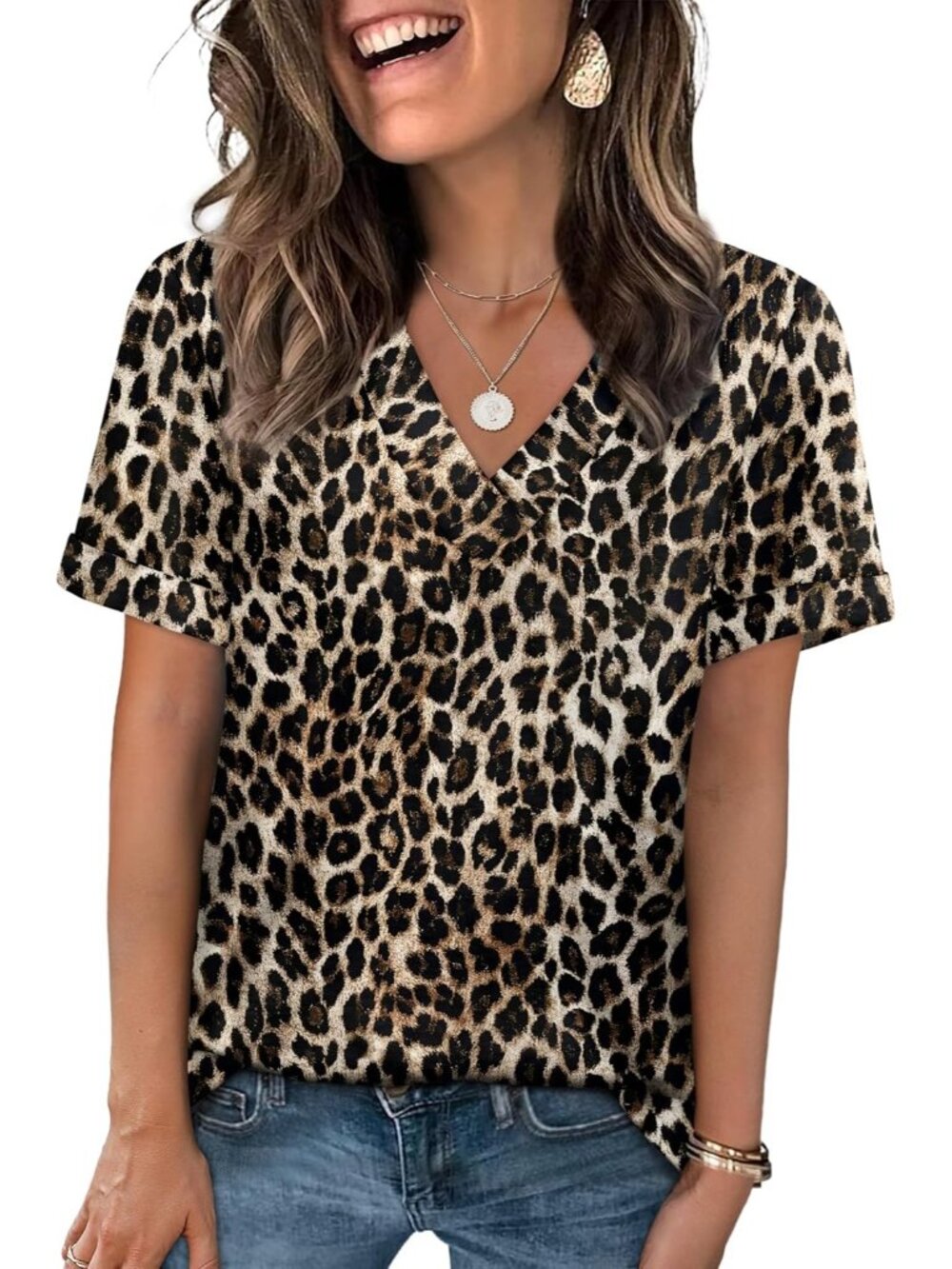 🆕Women's Leopard Tops Short Sleeve Basic Casual V Neck T Shirts Trendy